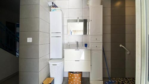 une salle de bain avec un lavabo et un miroir dans l'établissement Studio clair, climatisé avec jardin et parking, à Perpignan