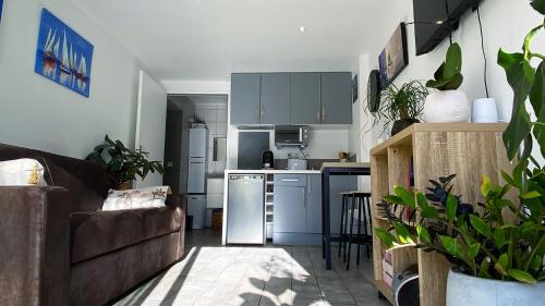 un salon avec un canapé et une cuisine dans l'établissement Studio clair, climatisé avec jardin et parking, à Perpignan