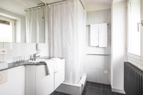 普拉的住宿－Paladina Hotel，白色的浴室设有水槽和淋浴。