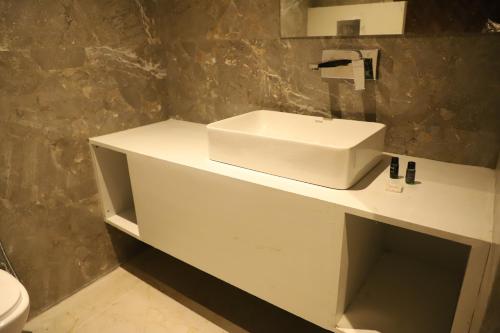 a bathroom with a white sink and a toilet at Farm Green View Resort in Orchha