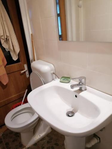 une salle de bains avec un lavabo blanc et des toilettes dans l'établissement La 2 pași de Biserica Neagră, à Braşov