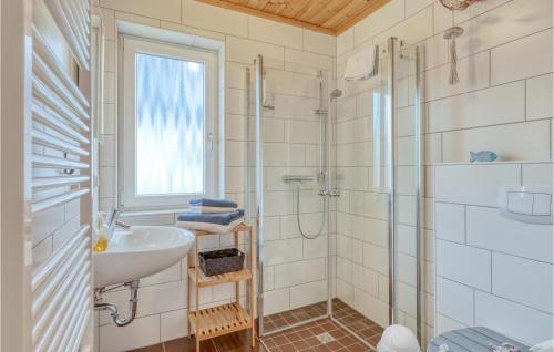 een badkamer met een wastafel en een douche bij Ferienhaus 41 Altefhr in Altefähr