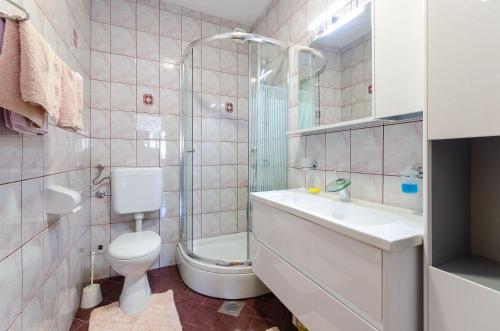 ein Bad mit einem WC, einem Waschbecken und einer Dusche in der Unterkunft Balkon mit Meerblick direkt am Strand in Jadranovo