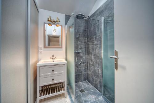 een badkamer met een wastafel en een douche bij Rooftop pieds dans l’eau, terrasse, parking sécu in Le Bourget-du-Lac