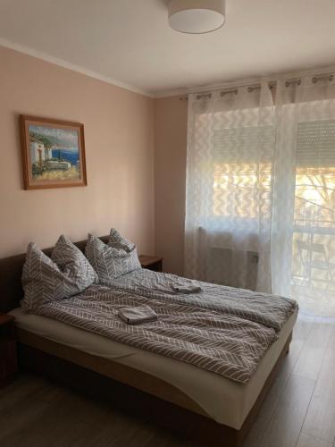 sypialnia z dużym łóżkiem i oknem w obiekcie SunCity Apartman w Segedynie