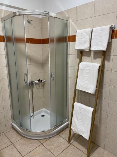 ゲラニ・シャニオンにあるMini Art Apartmentのバスルーム(シャワー、白いタオル付)