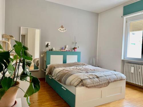 - une chambre avec un lit et une plante en pot dans l'établissement La Tana: accogliente, romantica, relax, à Brescia