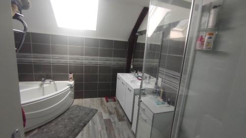 łazienka z wanną, toaletą i umywalką w obiekcie maison grand parking w mieście Tournon-Saint-Martin