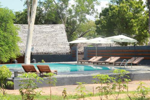 a swimming pool with lounge chairs and umbrellas at Cabanas by Cloudz Sigiriya in Sigiriya