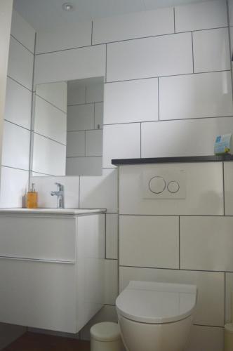 a white bathroom with a toilet and a sink at Vakantiehuisje Te Gast op Texel in Den Burg