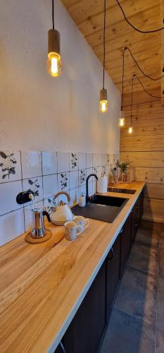 a kitchen with a sink and a counter with lights at Apartamenty komu gloria in Wetlina
