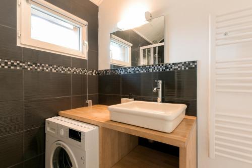 a bathroom with a sink and a washing machine at 2km des plages- Bassin d'Arcachon- Cocon pour 2 in Lanton