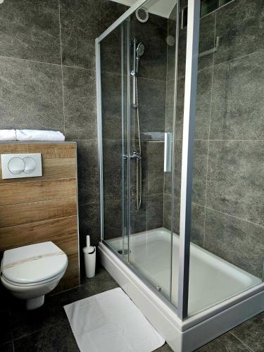 a bathroom with a shower and a toilet at Hotel Millennium in Osijek