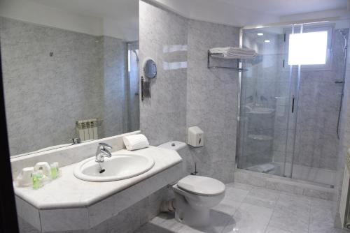 a bathroom with a toilet and a sink and a shower at Hotel Delta in Tudela