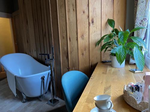 um quarto com uma mesa, uma cadeira e uma planta em The Roost em Cullompton