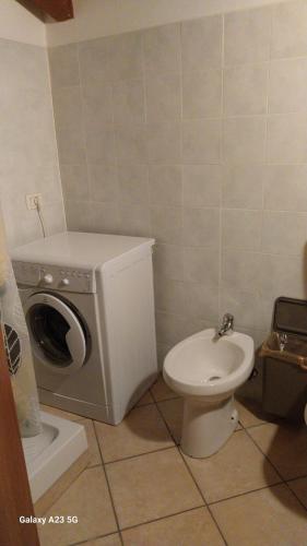 een badkamer met een wasmachine en een toilet bij La corte dei celti la fonte 1 in San Benedetto Del Querceto
