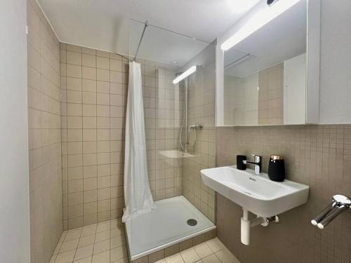 baño blanco con ducha y lavamanos en The R Apartment Randen en Schaffhausen