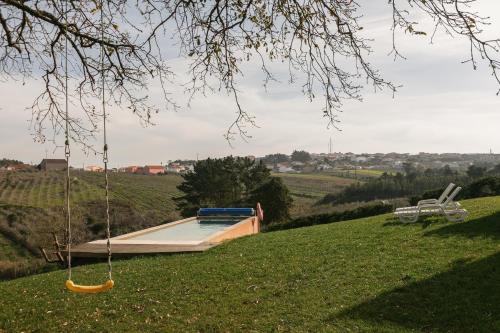 a swing hanging from a tree in a field at Quinta dos Castanheiros in Usseira