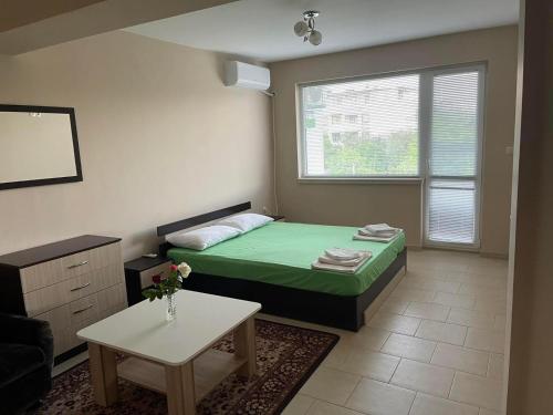 Un pequeño dormitorio con una cama verde y una ventana en ЛАЗАРОВИ, en Hisarya