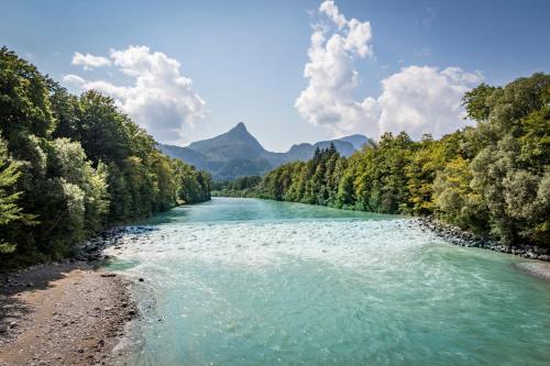 a river with green water and trees on the side at Galerie Hotel in Bad Reichenhall