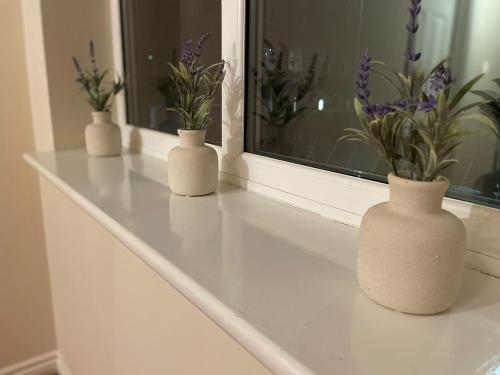 tres jarrones blancos sentados en el alféizar de una ventana con flores en Room 4 - Chassagne Guest House, en Church Coppenhall