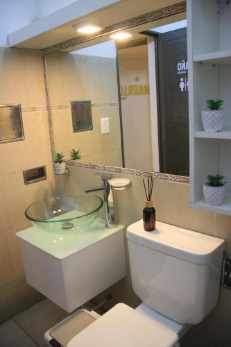 a bathroom with a sink and a toilet and a mirror at BROTHERS HOSTEL in Villa Allende