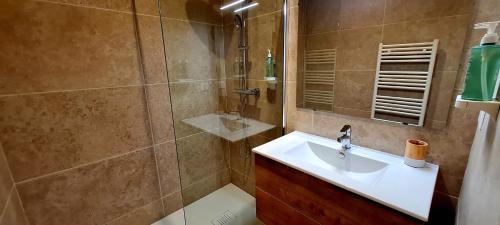 een badkamer met een wastafel en een douche bij Élégance Corse : Maison 3 chambres, Piscine in Figari