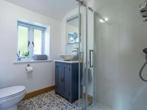 a bathroom with a sink and a toilet and a shower at 1 Bed in Axminster 82604 in Chardstock