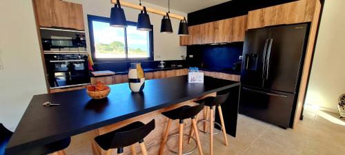 Il comprend une cuisine équipée d'un comptoir noir et d'un réfrigérateur. dans l'établissement Élégance Corse : Maison 3 chambres, Piscine, à Figari