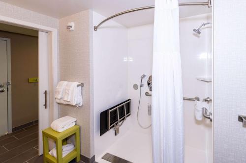 a bathroom with a shower and a glass door at Hampton Inn Selma, Ca in Selma