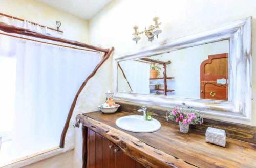 een badkamer met een wastafel en een spiegel bij Can Piedrópolis in Cala Saona