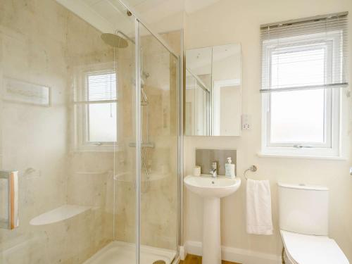 een badkamer met een douche, een wastafel en een toilet bij 2 Bed in Auchenmalg 88645 in Gillespie