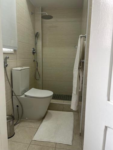 a small bathroom with a toilet and a shower at polana apartments in Maputo