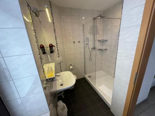 a bathroom with a shower and a toilet and a sink at Avenue Das Gästehaus in Chemnitz