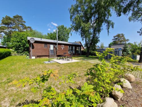 a log cabin with a picnic table in the yard at Tiny House "Wolke 7" in Göhren-Lebbin