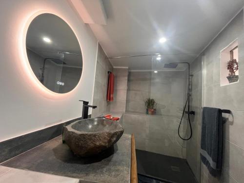 a bathroom with a stone sink and a shower at LE MOULIN DE NAVETTE -La Roue in Aigueblanche