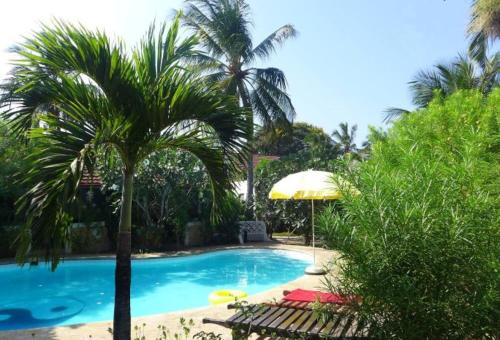 une piscine avec un palmier et un parasol dans l'établissement Cozy Cat House, à Diani Beach