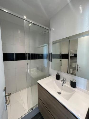 une salle de bain blanche avec un lavabo et une douche dans l'établissement L'alberto-Appartement centre ville Beziers- Wifi -Balcon -Clim, à Béziers