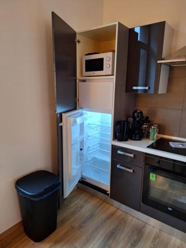 a small kitchen with a refrigerator and a microwave at Huis ALNA 4 in Mechelen
