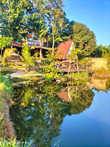 a reflection of a house in a body of water at The River Cabin - Govantes Guesthouse in San Vincente