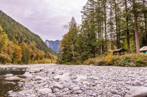 Un río con rocas en medio de un bosque en O'Neill Cabin - a rustic reclaimed retreat, en Index