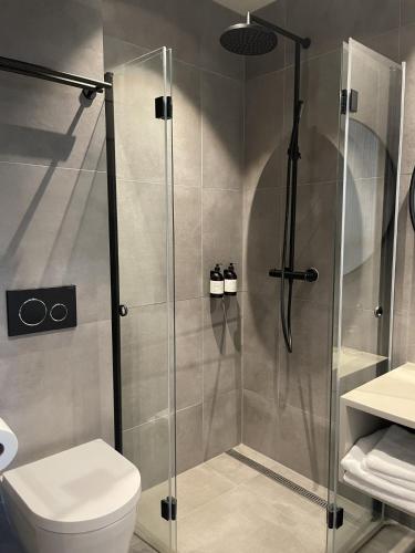 a shower stall in a bathroom with a toilet at BrimiBue Hotel in Lom