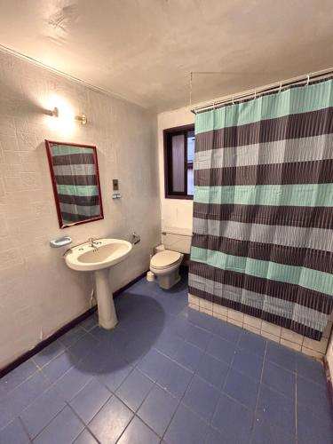 a bathroom with a sink and a toilet and a shower at Casa familiar in Temuco