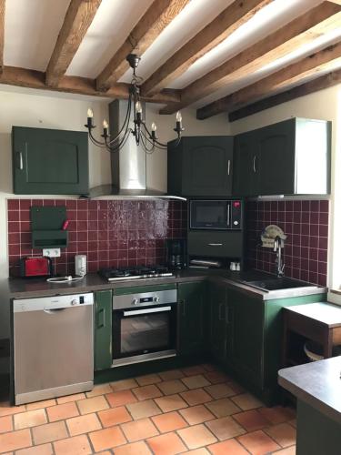 une cuisine avec des placards verts et un lustre dans l'établissement Les Gelots, à Villemurlin