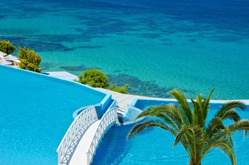 a blue swimming pool with a palm tree and the ocean at Saint John Hotel Villas & Spa in Agios Ioannis Mykonos