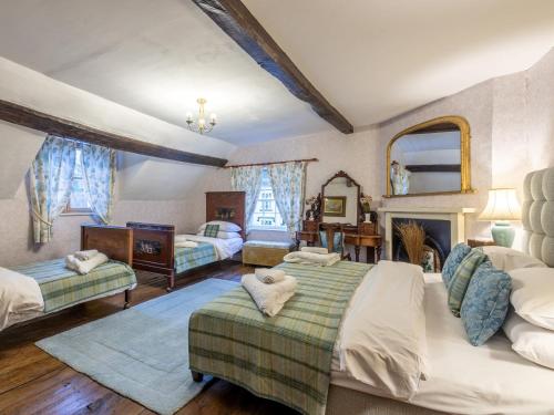 1 dormitorio con 2 camas y chimenea en 9 Bed in Welshpool 40870, en Llanfyllin