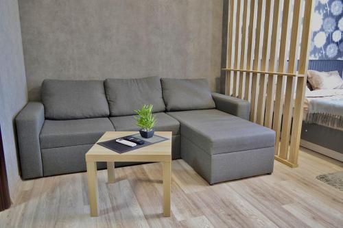 a living room with a couch and a coffee table at Потрясающий уголок в сердце Кишинёва in Chişinău