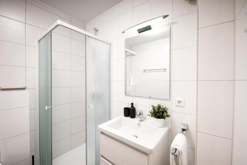 Baño blanco con lavabo y espejo en Business Leisure 1BR Apt Esch-sur-Alzette- ID-56, en Esch-sur-Alzette