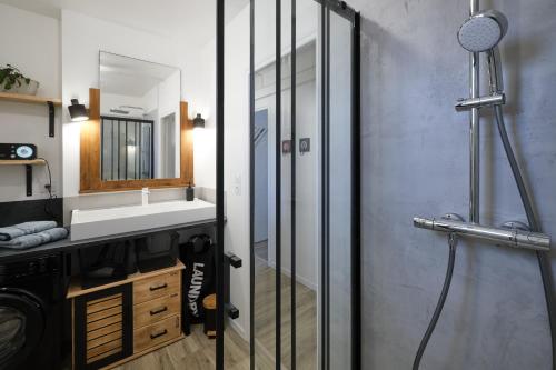 une salle de bain avec une douche avec un lavabo et un miroir dans l'établissement Magnifique*T4*centre ville*WIFI*Billard*Netflix*, à Limoux