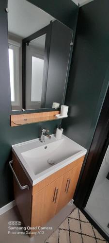 a bathroom with a sink and a mirror at Mobil'Home neuf Camping Montourey à Frejus in Fréjus